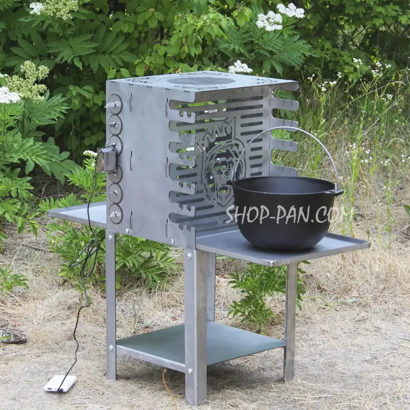 Вертикальный эко мангал SHOP-PAN из нержавейки со встроенной шашлычницей и мотором